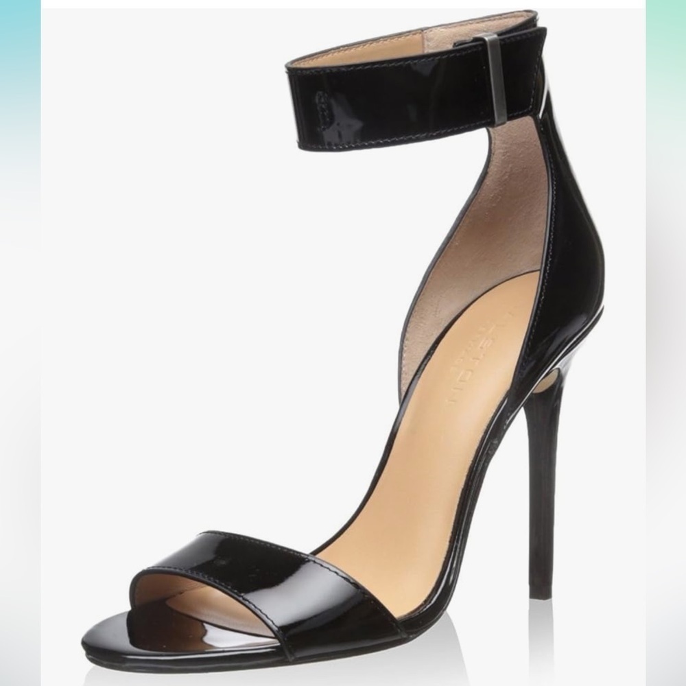 Halston Heritage Marley Black Patent Ankle Strap Heels 5.5